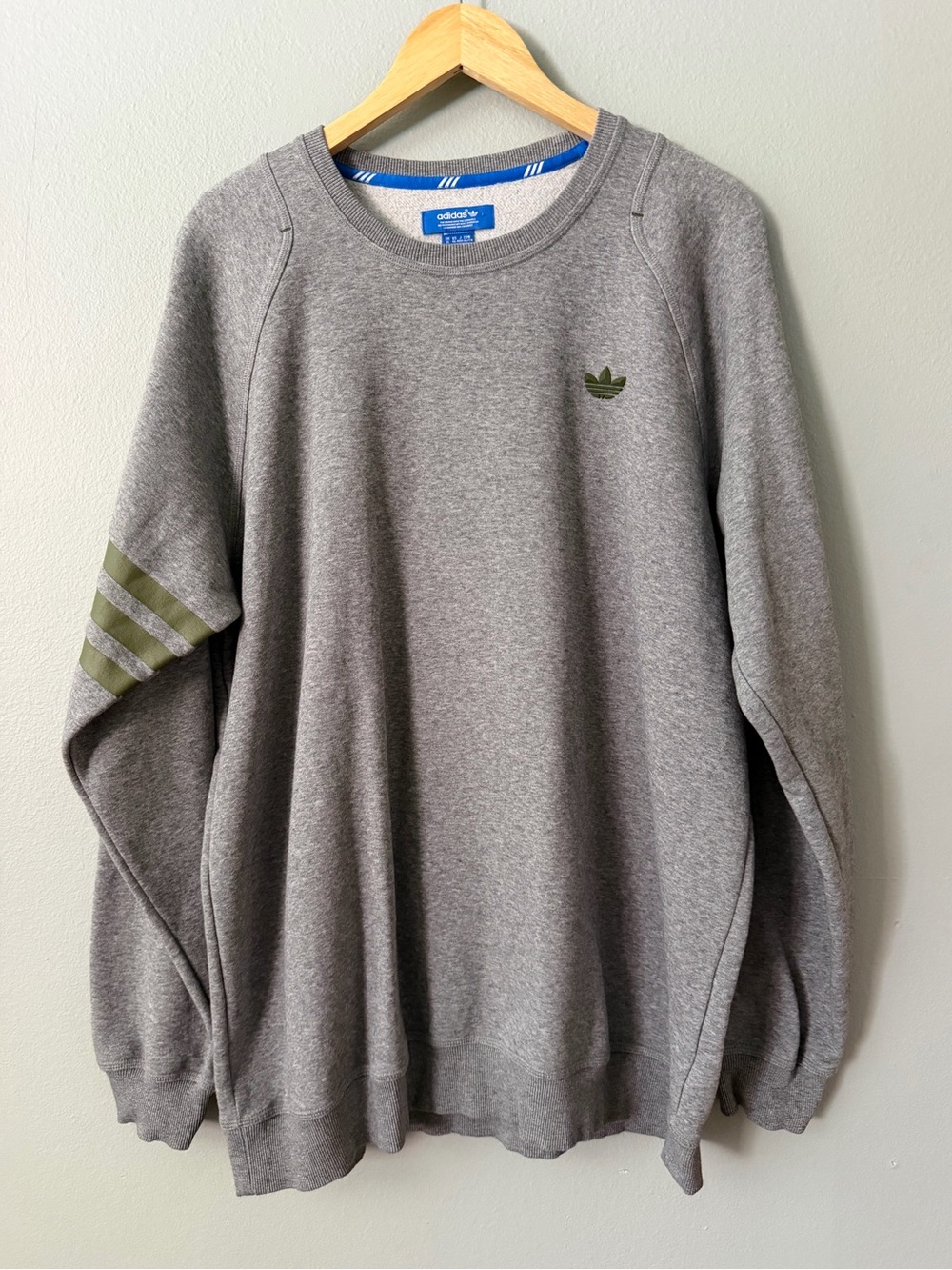 Adidas Originals Gray Crewneck Sweatshirt Green Trefoil Striped Pullover XL